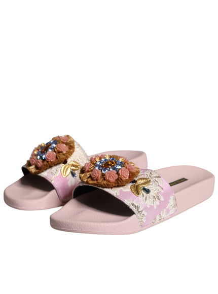 Dolce & Gabbana Pink Brocade Crystal Sandals Slides Beachwear Shoes