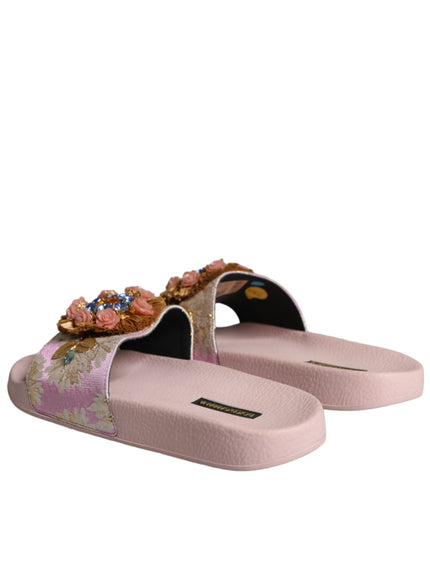 Dolce & Gabbana Pink Brocade Crystal Sandals Slides Beachwear Shoes