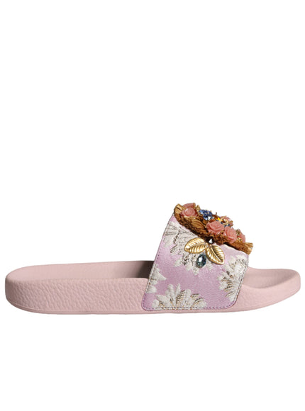 Dolce & Gabbana Pink Brocade Crystal Sandals Slides Beachwear Shoes