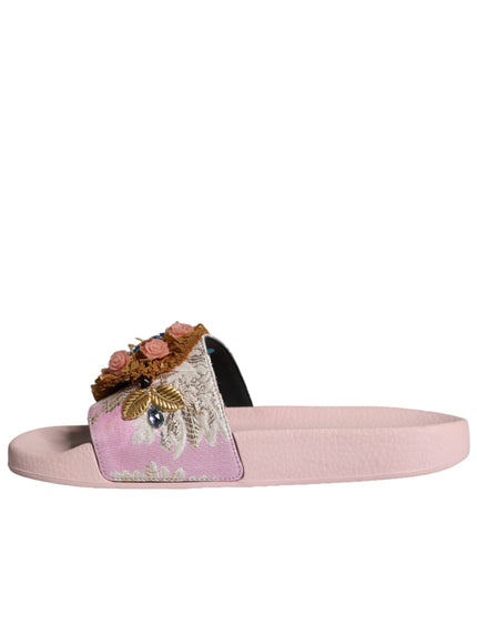 Dolce & Gabbana Pink Brocade Crystal Sandals Slides Beachwear Shoes