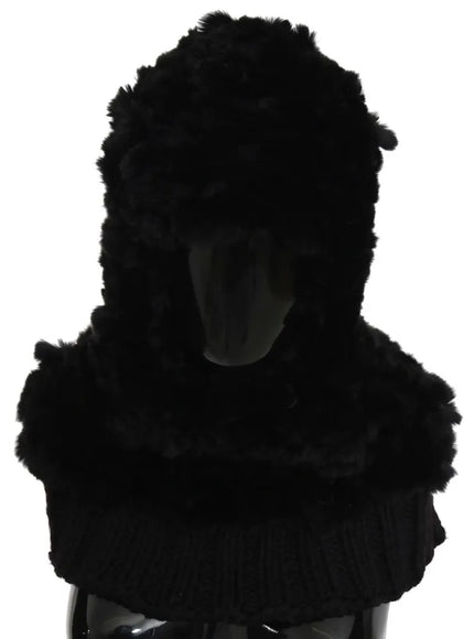 Front view of Dolce & Gabbana black fur cashmere hooded scarf