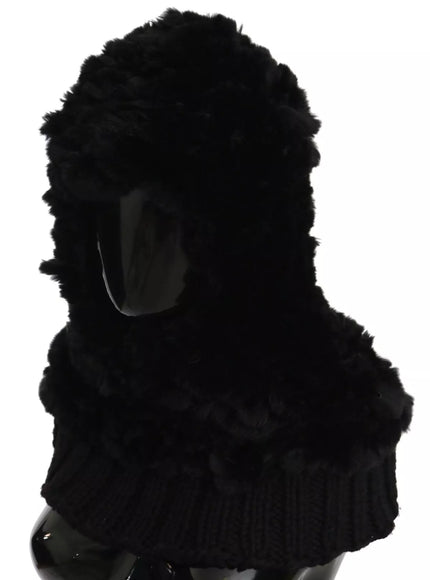 Side view of Dolce & Gabbana black fur cashmere hooded scarf