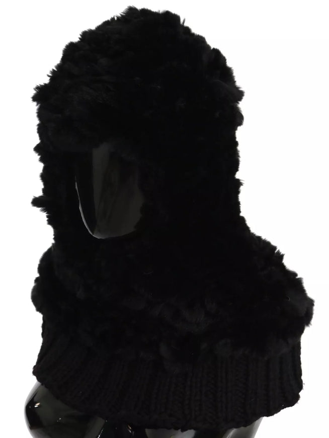 Side view of Dolce & Gabbana black fur cashmere hooded scarf