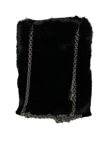 Dolce & Gabbana Black Faux Fur Silver Chain Crossbody Shoulder Purse Bag