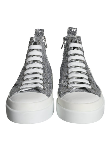 Dolce & Gabbana Silver White Sequined High Top Sneakers Shoes