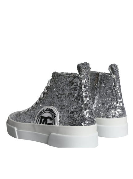 Dolce & Gabbana Silver White Sequined High Top Sneakers Shoes