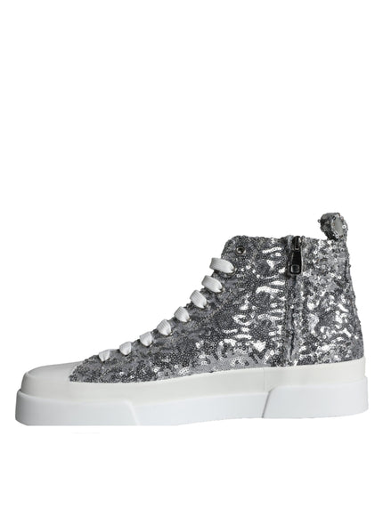 Dolce & Gabbana Silver White Sequined High Top Sneakers Shoes