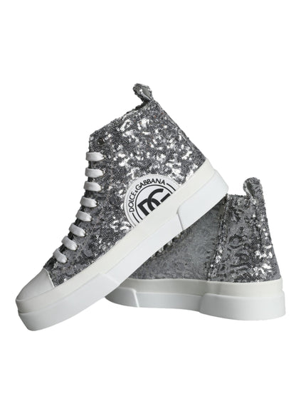 Dolce & Gabbana Silver White Sequined High Top Sneakers Shoes