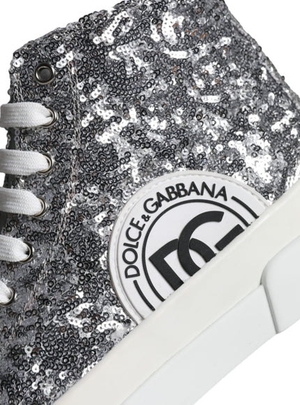 Dolce & Gabbana Silver White Sequined High Top Sneakers Shoes