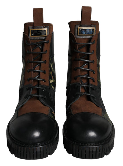 Dolce & Gabbana Brown Suede Camouflage Leather Combat Boots Shoes