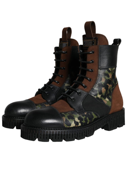 Dolce & Gabbana Brown Suede Camouflage Leather Combat Boots Shoes