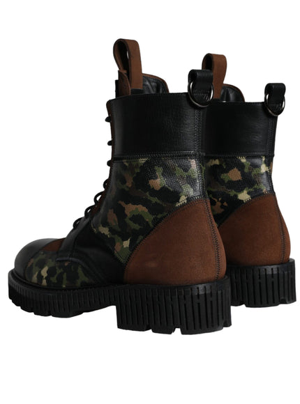 Dolce & Gabbana Brown Suede Camouflage Leather Combat Boots Shoes