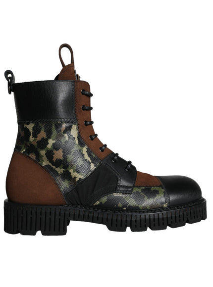 Dolce & Gabbana Brown Suede Camouflage Leather Combat Boots Shoes