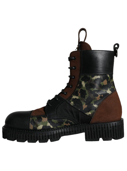 Dolce & Gabbana Brown Suede Camouflage Leather Combat Boots Shoes