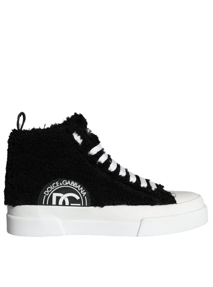 Dolce & Gabbana Black White Fur Logo High Top Sneaker Shoes