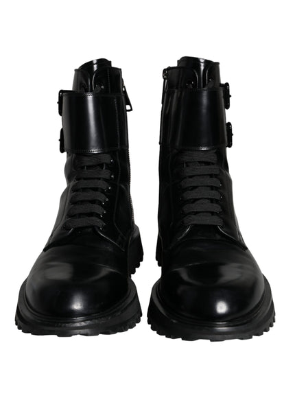 Dolce & Gabbana Black Leather Lace Up Men Mid Calf Boots Shoes