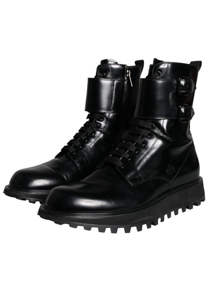 Dolce & Gabbana Black Leather Lace Up Men Mid Calf Boots Shoes