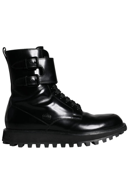 Dolce & Gabbana Black Leather Lace Up Men Mid Calf Boots Shoes