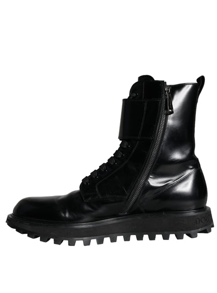 Dolce & Gabbana Black Leather Lace Up Men Mid Calf Boots Shoes