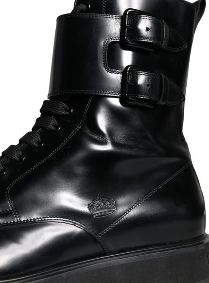 Dolce & Gabbana Black Leather Lace Up Men Mid Calf Boots Shoes