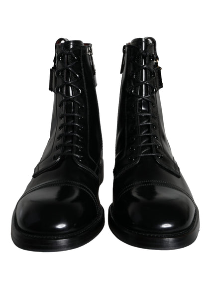 Dolce & Gabbana Black Logo Lace Up Mid Calf Men Boots Shoes