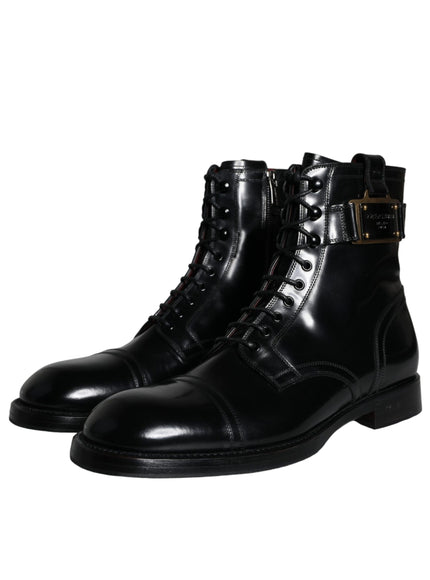 Dolce & Gabbana Black Logo Lace Up Mid Calf Men Boots Shoes