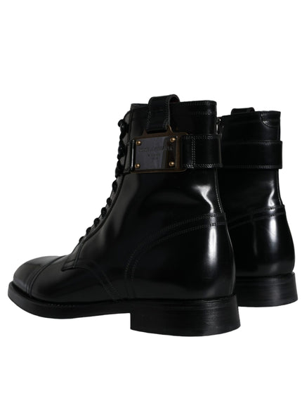 Dolce & Gabbana Black Logo Lace Up Mid Calf Men Boots Shoes