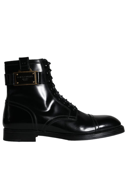 Dolce & Gabbana Black Logo Lace Up Mid Calf Men Boots Shoes