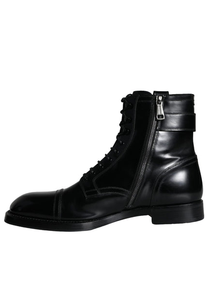 Dolce & Gabbana Black Logo Lace Up Mid Calf Men Boots Shoes