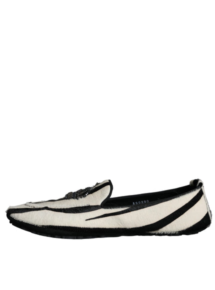 Dolce & Gabbana Black White Calf Fur Slip On Loafers Men Shoes