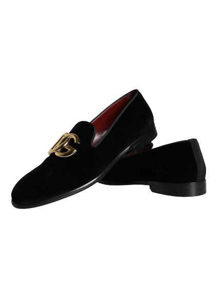 Dolce & Gabbana Black Velvet Cotton Logo Loafers Dress Shoes