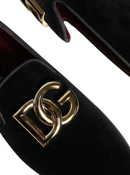 Dolce & Gabbana Black Velvet Cotton Logo Loafers Dress Shoes