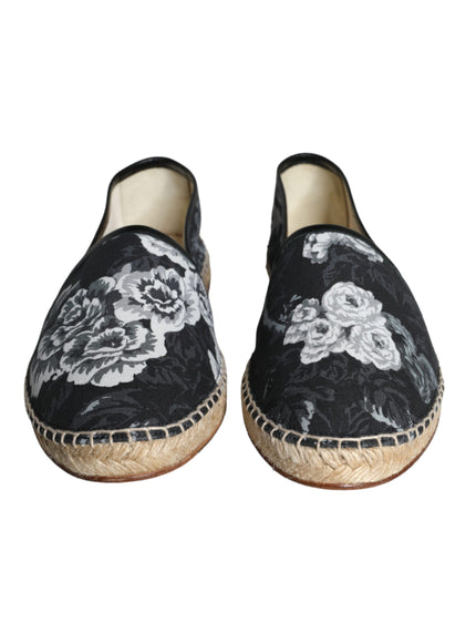 Dolce & Gabbana Black Floral Cotton Leather Espadrilles Shoes