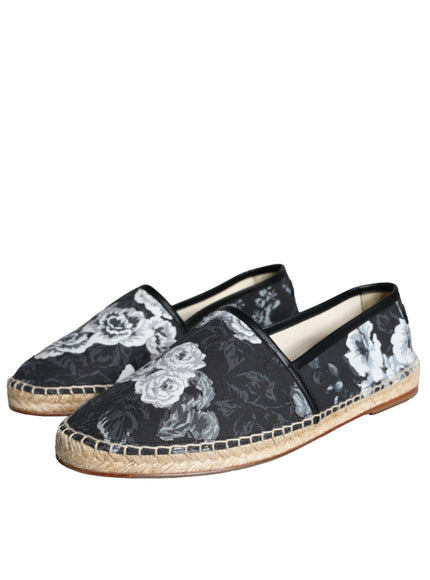 Dolce & Gabbana Black Floral Cotton Leather Espadrilles Shoes