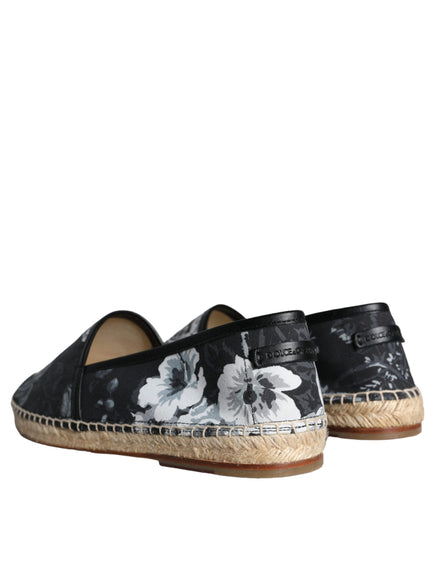 Dolce & Gabbana Black Floral Cotton Leather Espadrilles Shoes