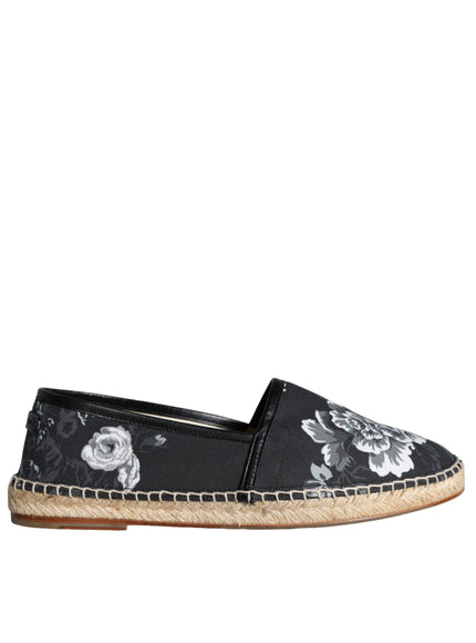 Dolce & Gabbana Black Floral Cotton Leather Espadrilles Shoes