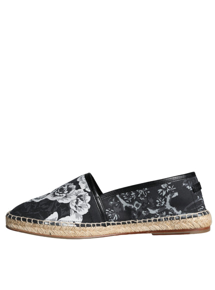 Dolce & Gabbana Black Floral Cotton Leather Espadrilles Shoes