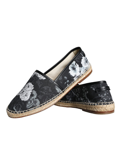 Dolce & Gabbana Black Floral Cotton Leather Espadrilles Shoes