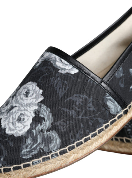 Dolce & Gabbana Black Floral Cotton Leather Espadrilles Shoes