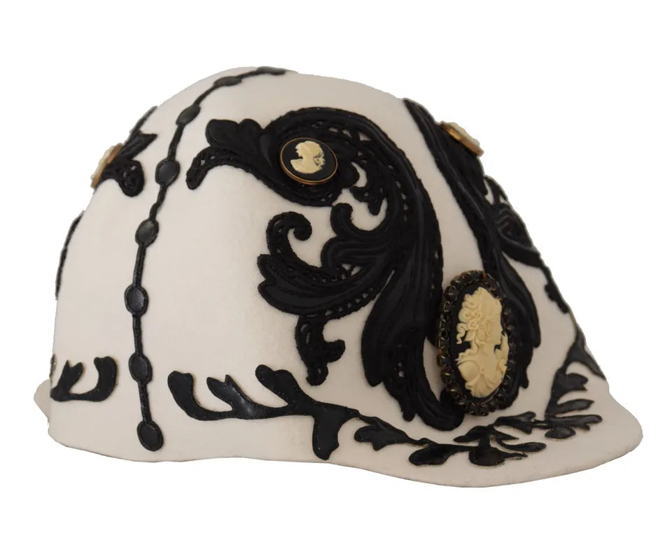 Side view of embroidered Dolce & Gabbana hat with cameo brooch