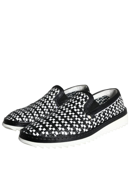 Dolce & Gabbana Black White Weaved Slip On Men Loafers Shoes