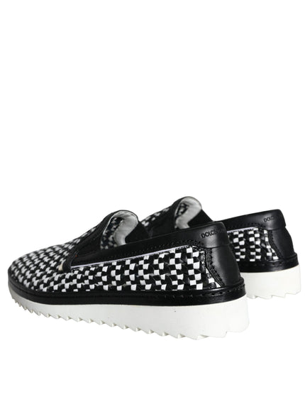 Dolce & Gabbana Black White Weaved Slip On Men Loafers Shoes