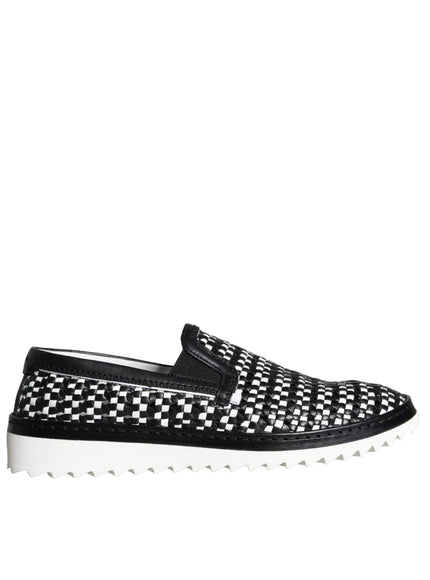 Dolce & Gabbana Black White Weaved Slip On Men Loafers Shoes