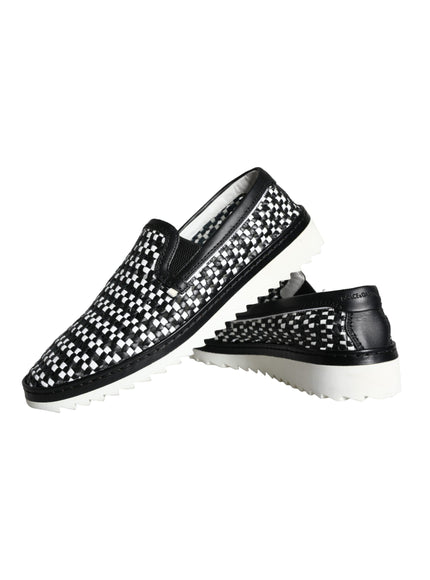 Dolce & Gabbana Black White Weaved Slip On Men Loafers Shoes