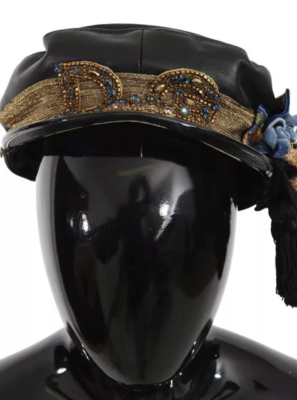 Dolce & Gabbana black leather fiddler cap with crystal beads