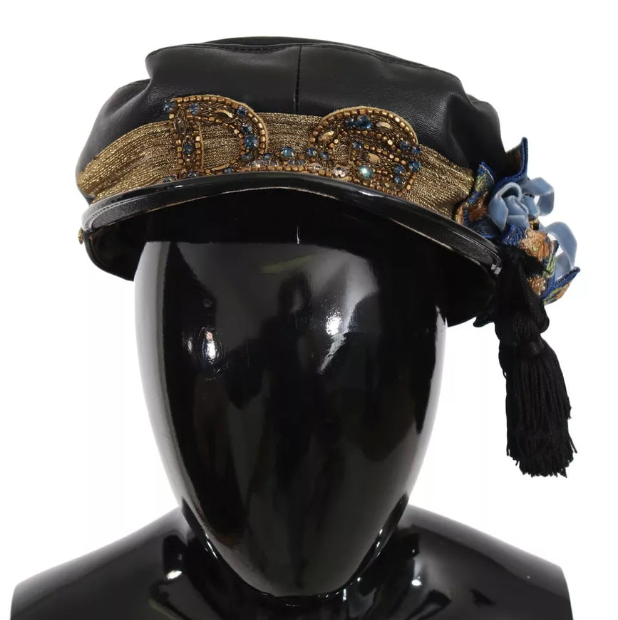 Dolce & Gabbana black leather fiddler cap with crystal beads