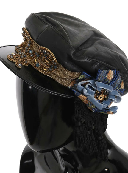 Side view of Dolce & Gabbana cap with gold ribbon and blue flowers