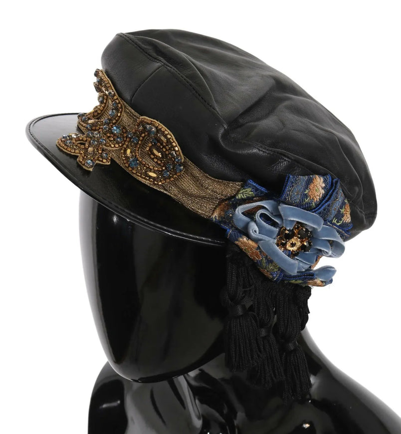 Side view of Dolce & Gabbana cap with gold ribbon and blue flowers