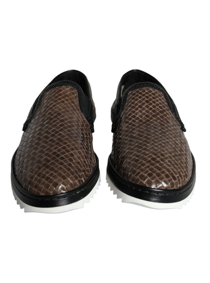 Dolce & Gabbana Brown Black Leather Weaved Men Loafers Shoes