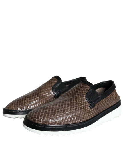 Dolce & Gabbana Brown Black Leather Weaved Men Loafers Shoes